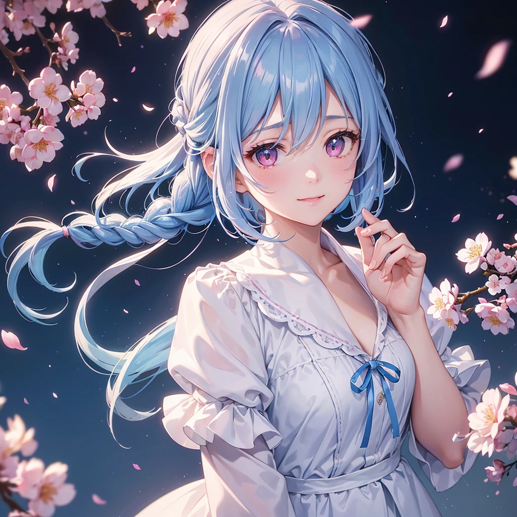 (Light blue medium hair),(Braided hair tied together)、Pink eyes、Fair skin、(whole body)、(uniform)、Cherry Blossoms at Night、A big smile、A dignified figure、solo、(masterpiece、Highest quality、Very detailed、Best Shadow)、(Detailed Background)、(Beautifully detailed face)、High contrast、(Best lighting、Very delicate and beautiful)、((Cinematic Light))、colorful、Hyper Detail、Dramatic Light、Exquisite detail、