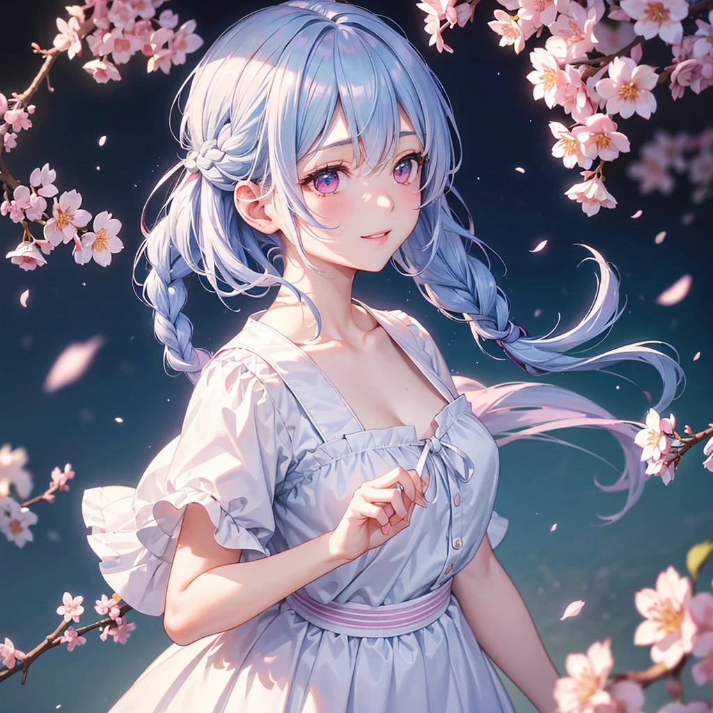 (Light blue medium hair),(Braided hair tied together)、Pink eyes、Fair skin、(whole body)、(uniform)、Cherry Blossoms at Night、A big smile、A dignified figure、solo、(masterpiece、Highest quality、Very detailed、Best Shadow)、(Detailed Background)、(Beautifully detailed face)、High contrast、(Best lighting、Very delicate and beautiful)、((Cinematic Light))、colorful、Hyper Detail、Dramatic Light、Exquisite detail、