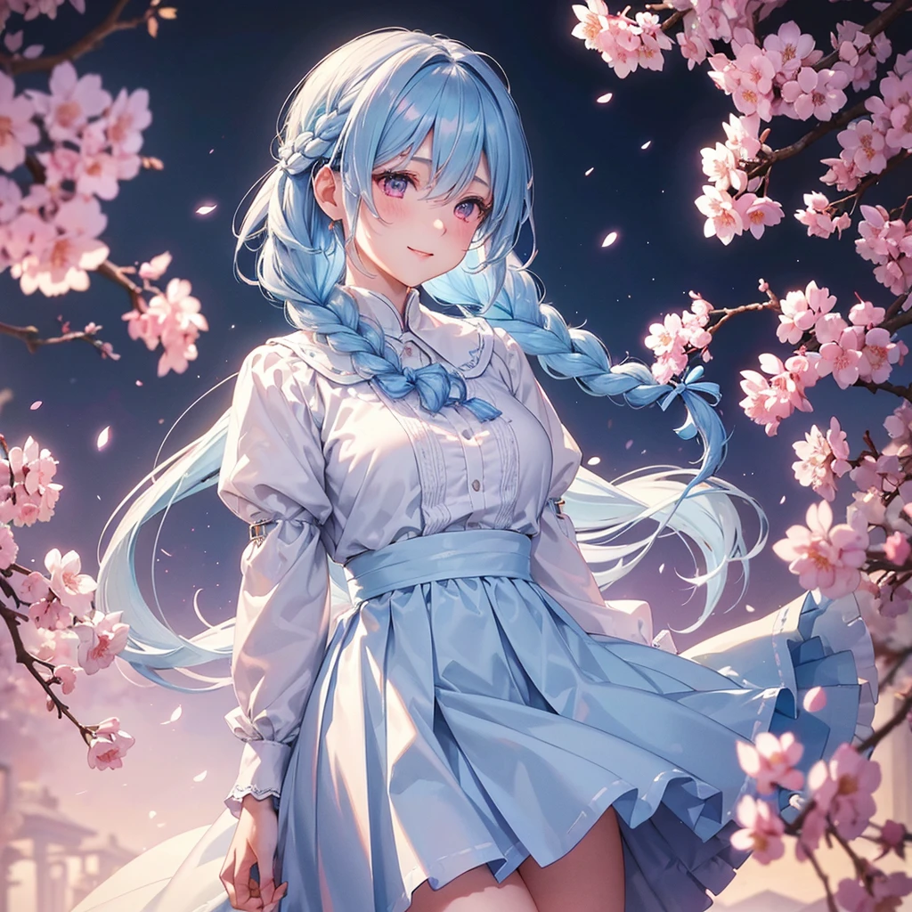 (Light blue medium hair),(Braided hair tied together)、Pink eyes、Fair skin、(whole body)、(uniform)、Cherry Blossoms at Night、A big smile、A dignified figure、solo、(masterpiece、Highest quality、Very detailed、Best Shadow)、(Detailed Background)、(Beautifully detailed face)、High contrast、(Best lighting、Very delicate and beautiful)、((Cinematic Light))、colorful、Hyper Detail、Dramatic Light、Exquisite detail、
