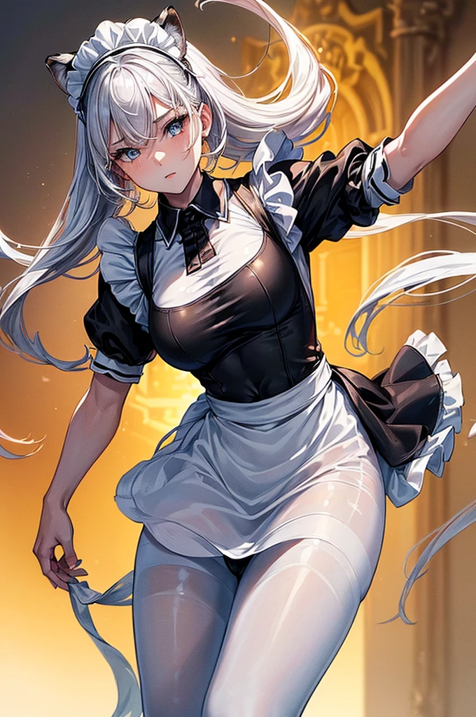 (back view),((ultra realistic illustration:1.3)),(black clothing), Cute 18 yo (albino:1.4)woman of Slavic descent.(short:1.1), , long white hair, gray eyes, ((very pale:1.4)). Innocent look. Gentle spirit.(virgin), (joy:1.2),(smile:1.3). (Playful:1.2). Mascara, eyeglasses, red lipstick, dress, (black pantyhose), pumps. Masterpiece, (highly detailed:1.2),(detailed face and eyes:1.2), 8k wallpaper, Moody lighting. core shadows, high contrast, bokeh.