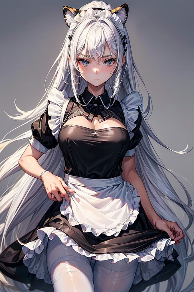 ((highest quality)),(ultra high resolution),(Super detailed),(detailed description),((best CG)),(best work of art),super precision art, great drawing art,(Art with precise details:1.5), ( simple black form-fitting maid uniform with a white apron and white pantyhose 1 age girl:1.5), beautiful and well-shaped face:1.5,(Beautiful skin with precise and detailed depiction:1.6),(:1.5),provocative angle:1.6,gorgeous, beautiful young teengirl, 18 years old,  luminous snow white hair, enchanting golden colored eyes, tiger ears, white striped tiger tail, tall height (190cm), slim thick body type with mouth-watering curves