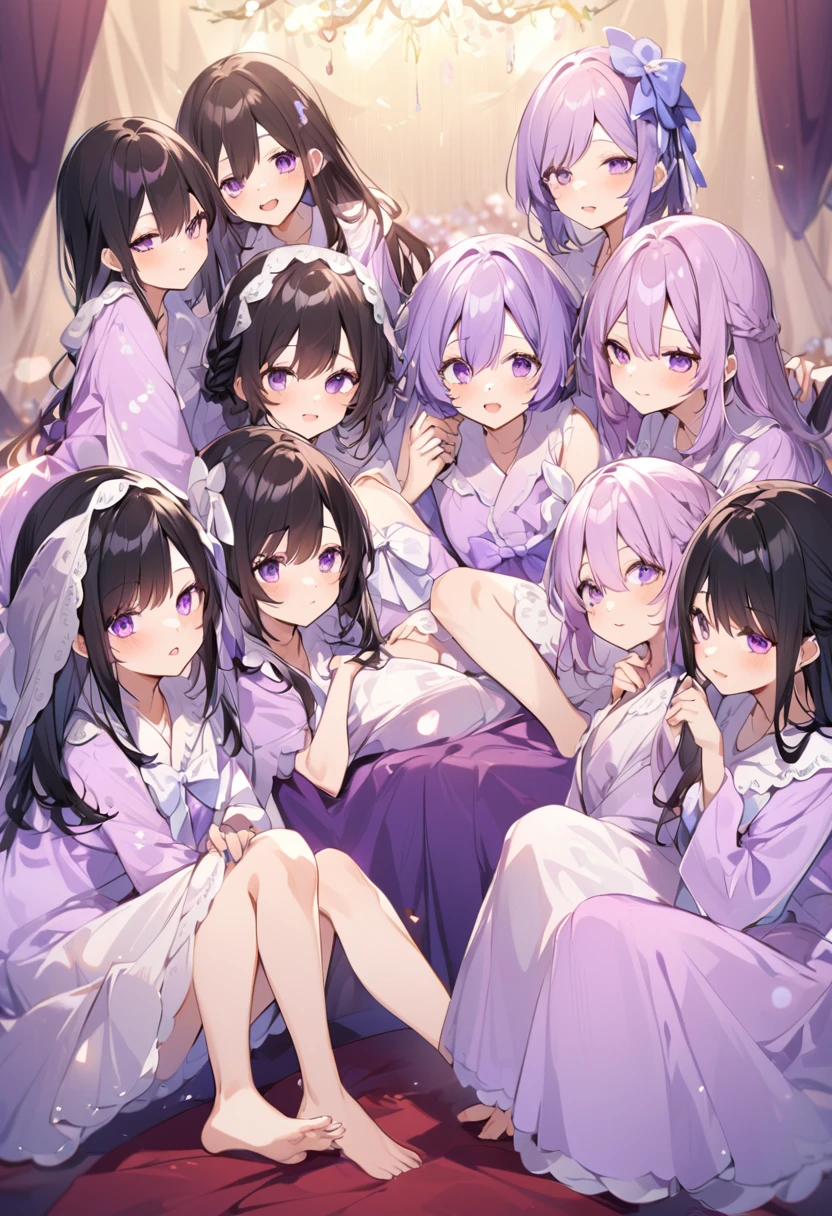 Keito。Purple pajamas。Purple Eyes。Black Hair。barefoot。7 Sisters。Both of them have light purple hair.。all female。Seven siblings。Purple bed。Seven people