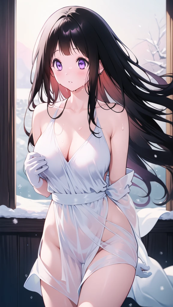 Amazing Chitanda, There is only one beautiful girl，Purple Eyes, Black Hair, Very red face，Very white skin，Glowing skin，Skin as delicate as porcelain，Naturally straight hair, Straight bangs，Extremely refined，Open lips，Long flowing hair，Beautiful Girl, Like a dream，Slim，Slim waist，Soft, (Sensual), (Kawaii), Dream quality，Beautiful big breasts，White transparent loose dress，Areola，Completely naked，Lower edge of breast，White gloves，Flower decoration，Deep V neckline，Loose neckline，Wide neckline，In school，The wind blows the hair，Place your hands on your inner thighs，Thighs clamp hands，Wet skin，Sweaty and sweaty，Sweating all over，On the snow，Back to，Hips，Side body，Gluteal groove，Completely naked的臀部，Bare back，Completely naked的背部，Light transmission，（no pants），nopan，pussy juice，Bare shoulders，There are no shoulder straps，Bare neck，Exposed collarbone，Exposing breasts，Exposing breasts侧面，Exposing breasts下面，Show your waist，Show your buttocks，Show your thighs，Exposing the groin，（No pants），extremely shy，Ultra-high resolution, (masterpiece:1.2, best quality), (Delicate and beautiful eyes: 1.2), (Beautiful and delicate face)