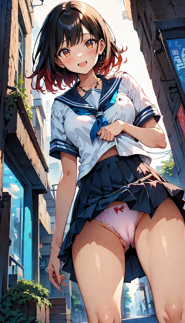 (Highest quality:1.2, Manga works, Manga style, Very detailed, Latest, Vibrant, digital coloring, High Contrast, masterpiece:1.2, Highest quality, Best aesthetics, There is), ((( 1 female:1.2))), Black Hair, Random hairstyle、Gradient Hair, Reddish brown eyes,(Sailor suit、White shirt、Pleated skirt、Cute panties:1.2)、necklace, Beautiful thighs, loafers、Open your mouth, smile, Random sexy poses, Cowboy Shot, Simple Background.Voluptuous bust、Camel Toe、Night view、Streetscape、Skirt gets flipped up、Panty shot、From below