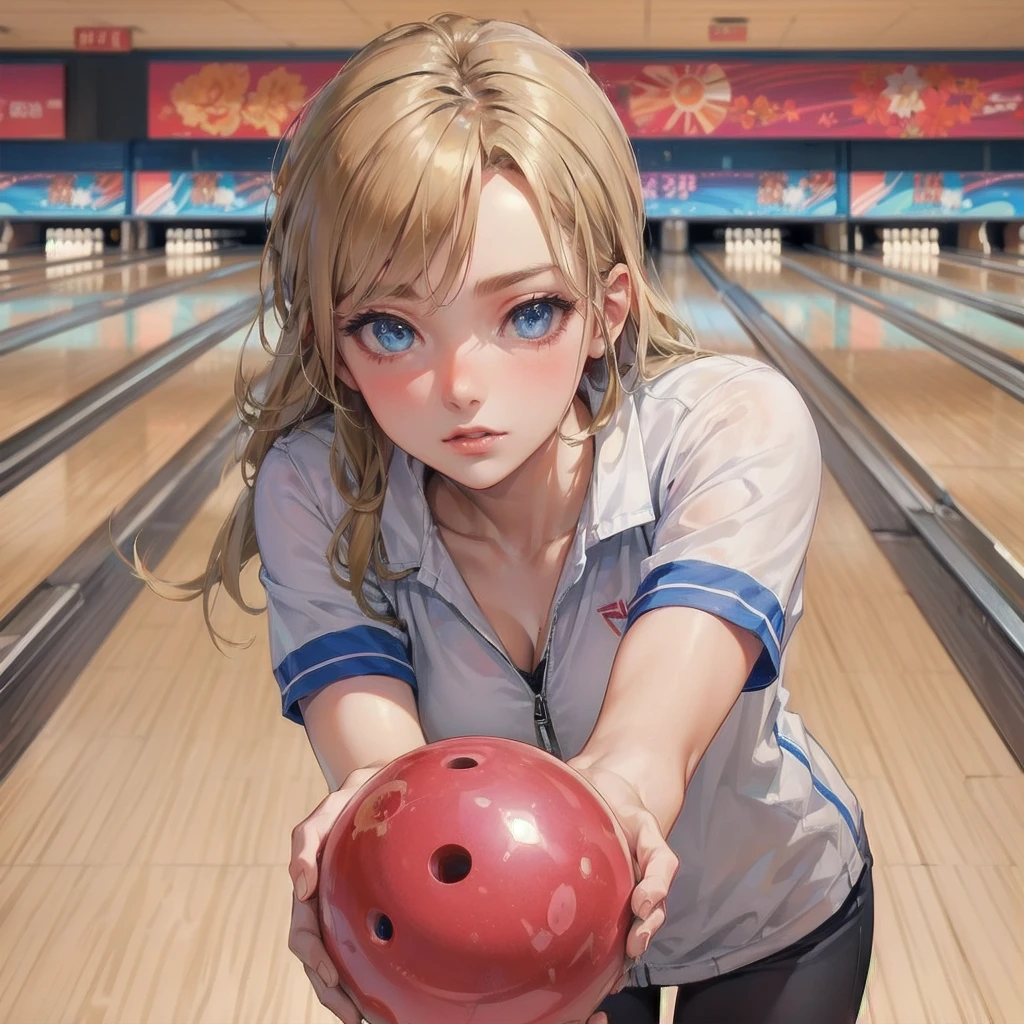 masterpiece, (textured skin), best quality, gorgeous beautiful girl, (a female bowling athlete), detailed clothes,large breasts,narrow waist,, (beautiful face), cinematic lighting, (at bowlingl venue ),