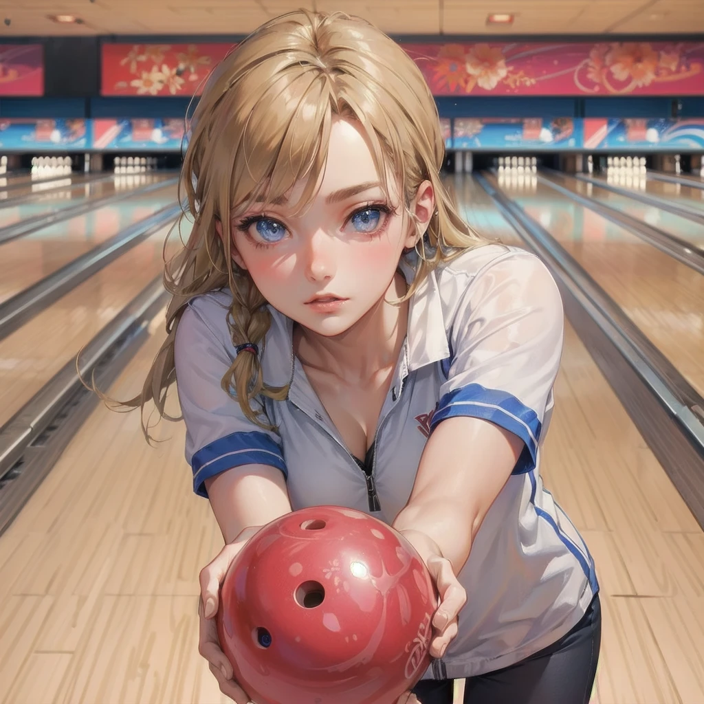 masterpiece, (textured skin), best quality, gorgeous beautiful girl, (a female bowling athlete), detailed clothes,large breasts,narrow waist,, (beautiful face), cinematic lighting, (at bowlingl venue ),