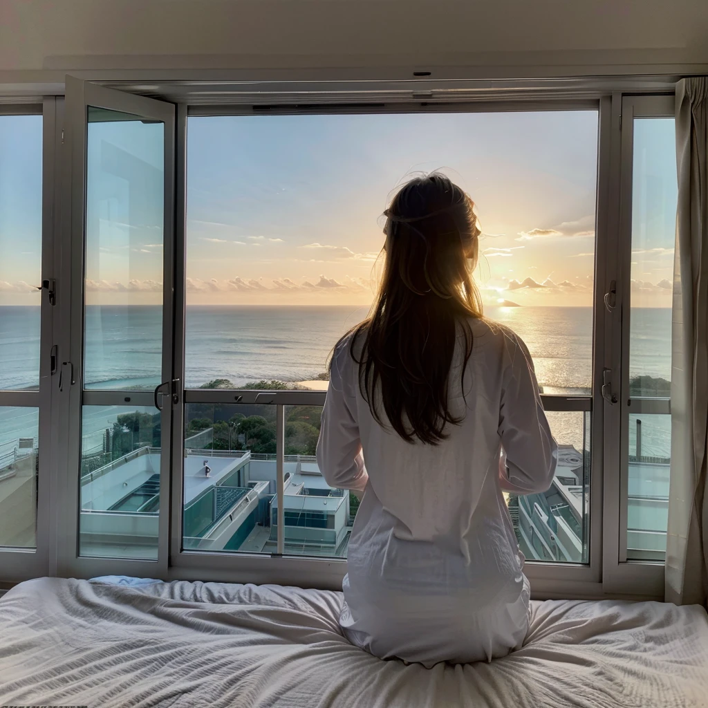 raw photo of a woman standing in her room wearing white pajamas in front of a window looking out at the ocean, fine art, looking out at a sunset, looking out over the sea, looking out at the ocean, looking off into the sunset, sunset view, blue sky beautful view, looking at sunset, gorgeous view, overlooking the ocean, looking out window.
