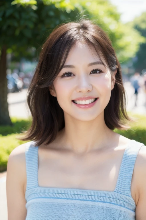 最high quality, In 8K, Masseter muscle area, Lifelike, Sharp focus, high quality, High resolution, Detailed face, Detailed eyes, Thick lips, Background Blur, solo, Middle-aged women, , 55 years old, , Wavy Hair, Cleavage, Wearing a plain short-sleeved knit, Afternoon in front of the park garden, Wrinkles around the eyes, Toothy smile