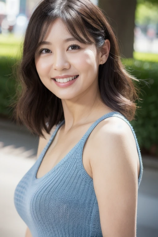 最high quality, In 8K, Masseter muscle area, Lifelike, Sharp focus, high quality, High resolution, Detailed face, Detailed eyes, Thick lips, Background Blur, solo, Middle-aged women, , 55 years old, , Wavy Hair, Cleavage, Wearing a plain short-sleeved knit, Afternoon in front of the park garden, Wrinkles around the eyes, Toothy smile