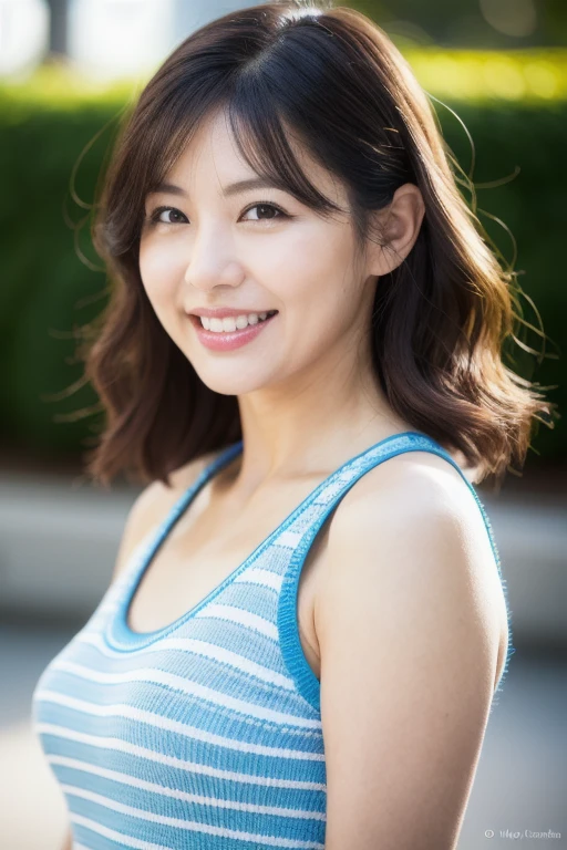 最high quality, In 8K, Masseter muscle area, Lifelike, Sharp focus, high quality, High resolution, Detailed face, Detailed eyes, Thick lips, Background Blur, solo, Middle-aged women, , 55 years old, , Wavy Hair, Cleavage, Wearing a plain short-sleeved knit, Afternoon in front of the park garden, Wrinkles around the eyes, Toothy smile