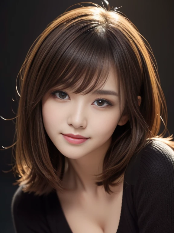 masterpiece, Highest quality, Very detailed, 複雑に詳細なSuper detailed, Realistic, Sharp features, Very detailed, Sharp focus, Perfect Face, Perfect Face, Perfect symmetrical perfect eyes, Perfect Plump Lips, Flexible female form, Cinematic, Film Light, Super detailed, hyper Realistic, High resolution, Vibrant, Dynamic Studio Lighting, ((Dark Background)), (A modest smile), Light brown hair, Asymmetrical hair, Asymmetrical bangs, Messy Hair, Exposed cleavage, Brown eyes, Black sweater, Cowboy Shot,
