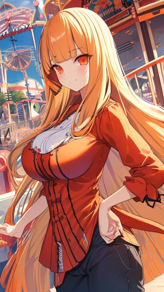 best quality, extremely detailed,anime style girl,((wavy)) long hair,((((blunt bangs)))),(hair between eyes),bright blond hair,beautiful detailed eyes,Orange eyes,Sharp eyes with many eyelashes,huge breasts,(((casual scarlet clothing))),short pants,trousers,hair ornament,((((amusement park)))),smile,dynamic pose