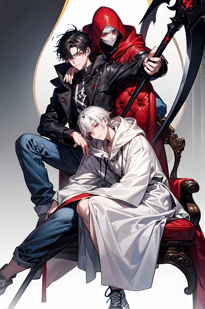 1male, White mask covering entire face, Red hoodie, White lab coat, Slightly baggy blue jeans, Black gloves, Red, white sneakers, Some black hair poking out from the top of the mask, Has a scythe, baggy jeans, For my avatar's pose, I want them to be sitting on a long chair, hunched forward, leaning on a scythe, chin on hand and staring straight