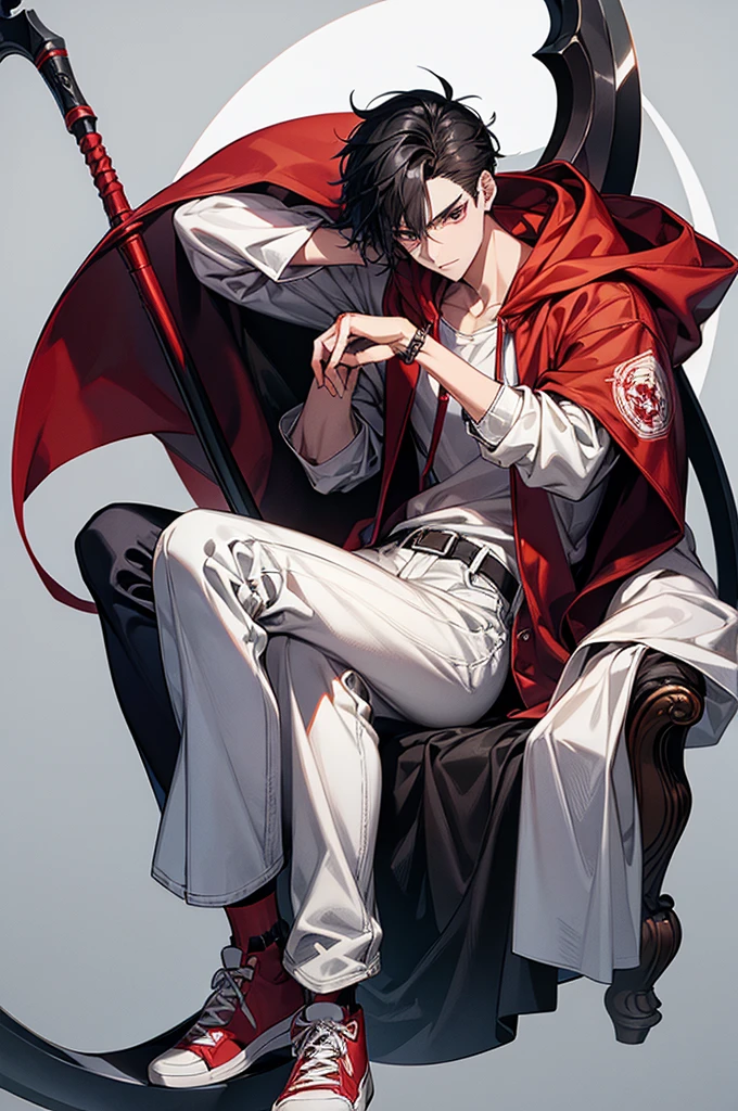 1male, White mask covering entire face, Red hoodie, White lab coat, Slightly baggy blue jeans, Black gloves, Red, white sneakers, Some black hair poking out from the top of the mask, Has a scythe, baggy jeans, For my avatar's pose, I want them to be sitting on a long chair, hunched forward, leaning on a scythe, chin on hand and staring straight