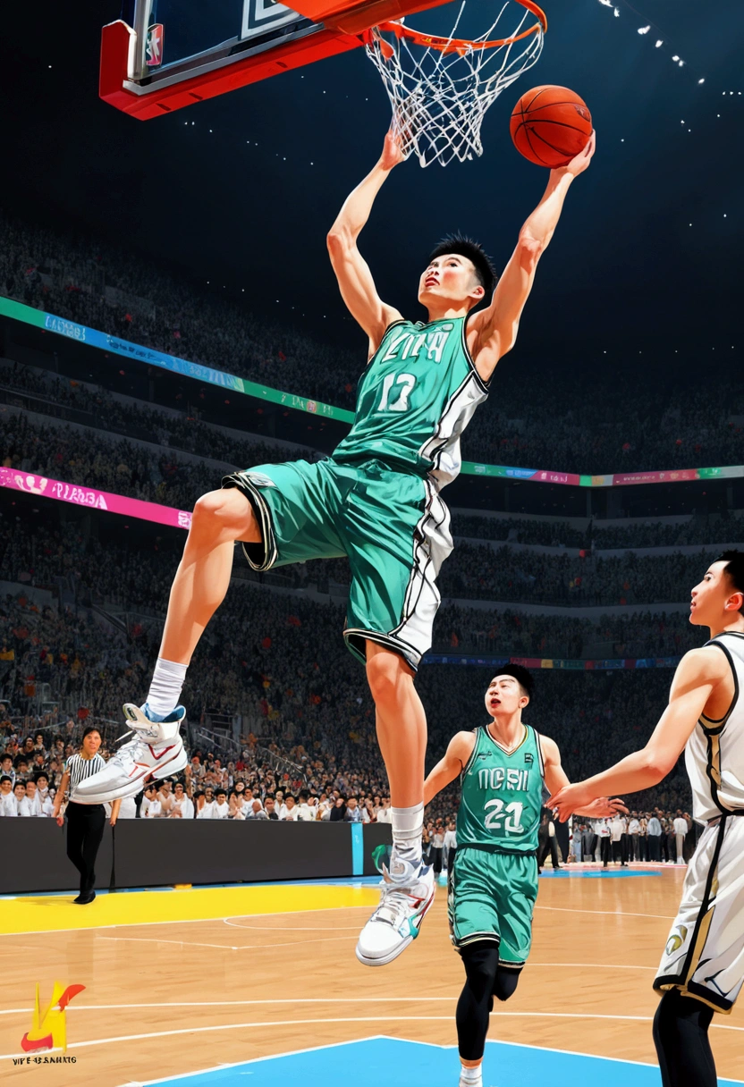 basketball Dunk, Game-Winning Dunk, by Makoto Shinkai and Makoto Niitsu style, full body, cinematic still, (best quality, masterpiece), very aesthetic, perfect composition, intricate details, ultra-detailed, vivid colors