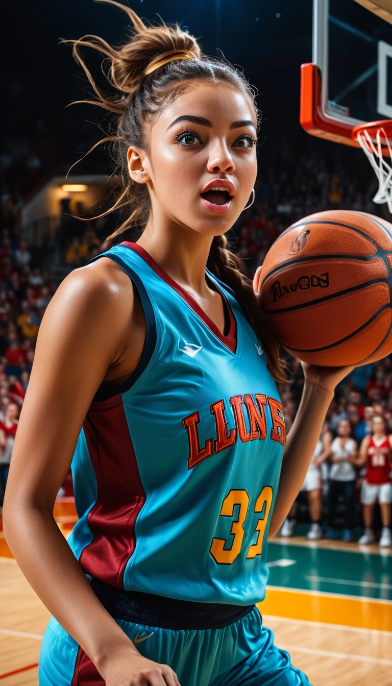 full body shot, low angle shot, game-wining dunk, jumping, basket, (A woman basketball player,1girl,beautiful detailed eyes,beautiful detailed lips,extremely detailed eyes and face,longeyelashes,intense focused expression, game-winning dunk, long and high jump with ball, slam dunk, basketball court,cheering crowd,high energy atmosphere,showstopping slam dunk,dramatic lighting,cinematic camera angle,hyperrealistic,award-winning photography,vibrant dynamic colors,dramatic chiaroscuro), luna