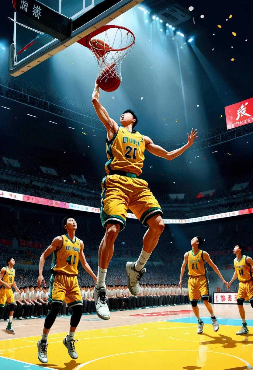 basketball Dunk, Game-Winning Dunk, by Makoto Shinkai and Makoto Niitsu style, full body, cinematic still, (best quality, masterpiece), very aesthetic, perfect composition, intricate details, ultra-detailed, vivid colors