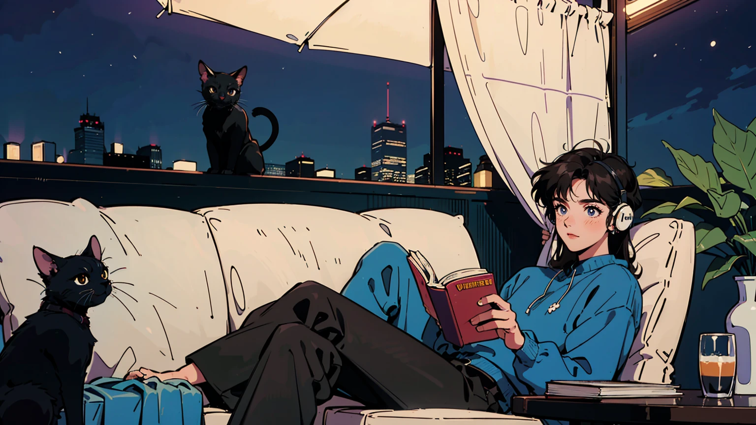 best quality, 8k, 1990s style,2010s hairstyles, 21-year-old boy, black hair, long hair, light brown eyes, city pop, pants ,night view, wearing headphones,reading a book, whole body, relax coffee,table,confection,Looking at me, Black cat