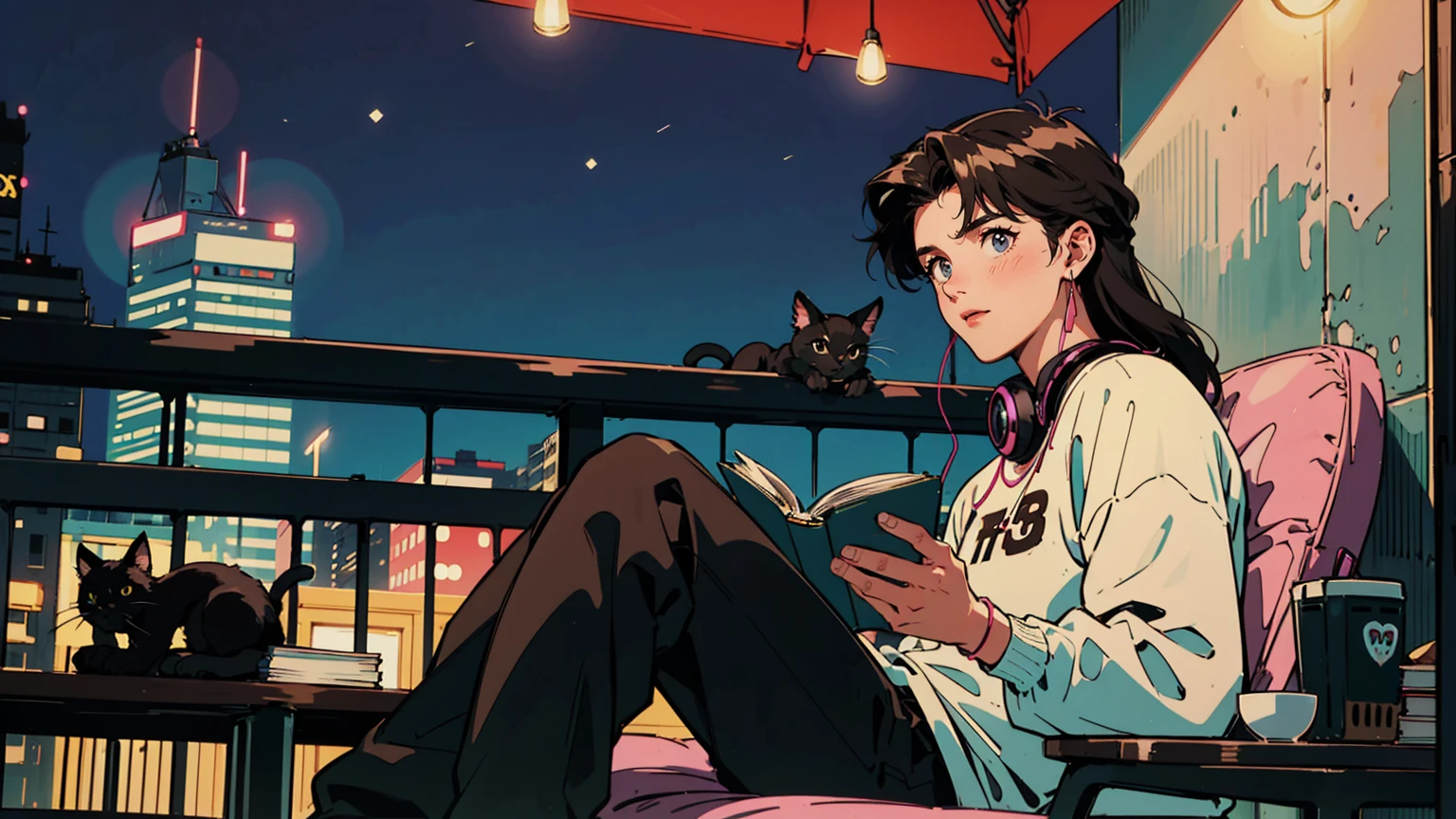 best quality, 8k, 1990s style,2010s hairstyles, 21-year-old boy, black hair, long hair, light brown eyes, city pop, pants ,night view, wearing headphones,reading a book, whole body,  relax coffee,table,confection,Looking at me, Black cat
