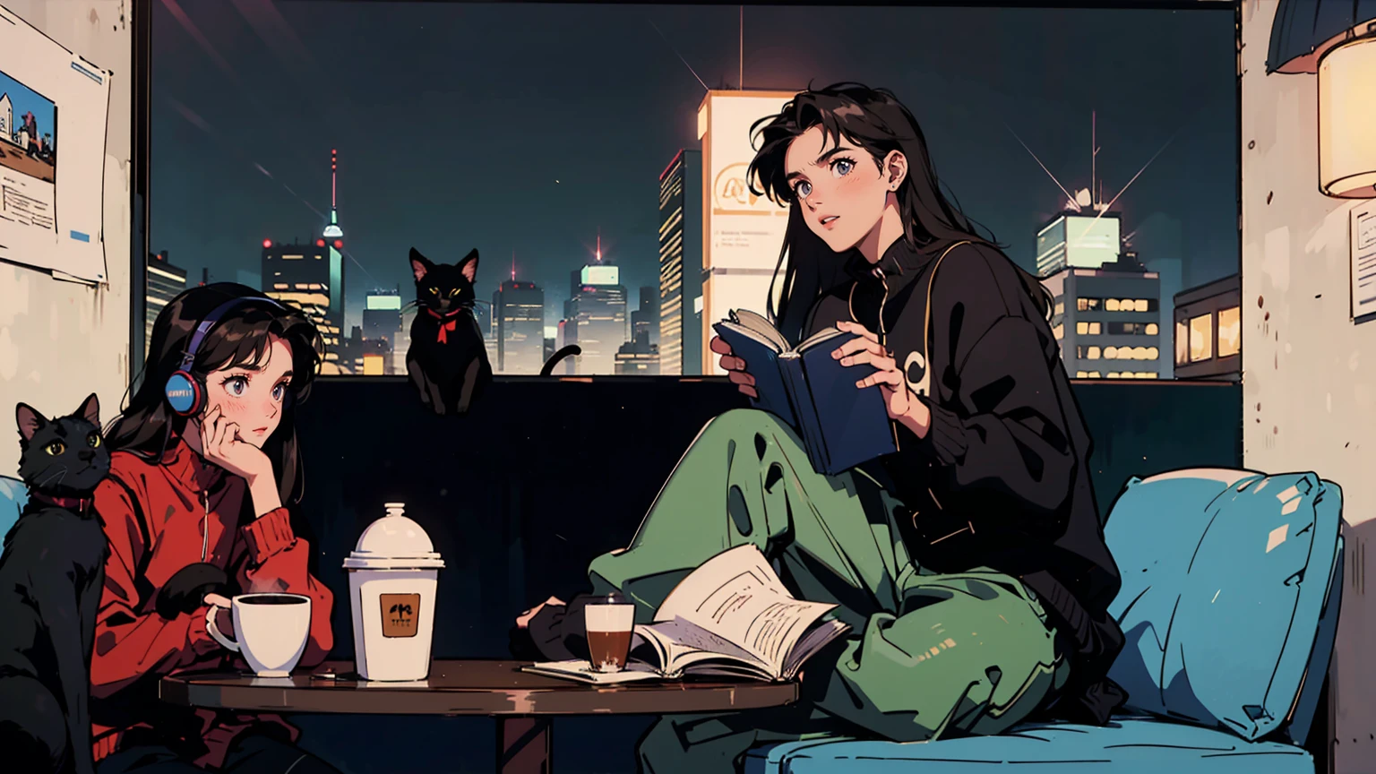 best quality, 8k, 1990s style,2010s hairstyles, 21-year-old boy, black hair, long hair, light brown eyes, city pop, pants ,night view, wearing headphones,reading a book, whole body, relax coffee,table,confection,Looking at me, Black cat