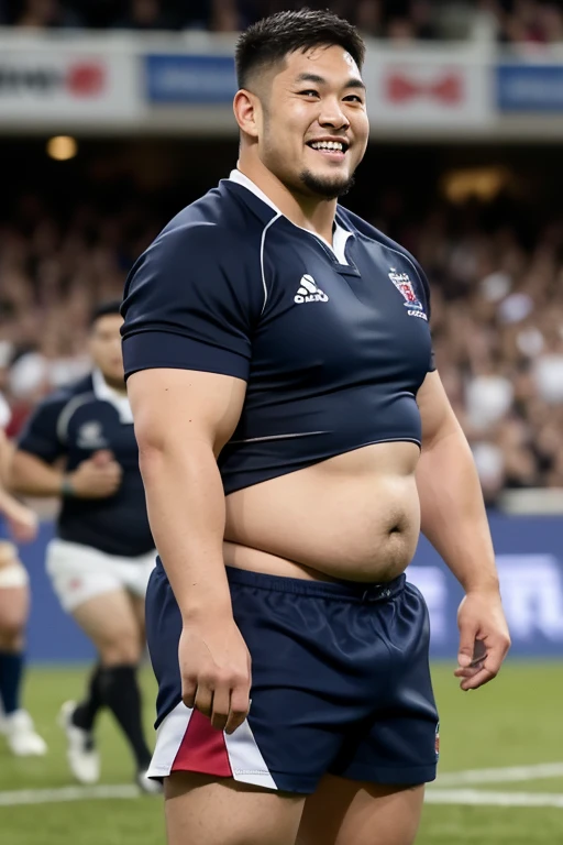 ((highest quality)), ((masterpiece)), (detailed), ((Perfect Face)), 4k, Shaved head, Young Japanese, Muscular, Fat body, Very big man, smile, ((showing off crotch)) A large Japanese man shirtless、whole body、Rugby player、Thick legs、Thick arm muscles、Intimidating、whole body、wearing a very tight and very short black-shorts, (shirtless)、((At the rugby field)), haka dance