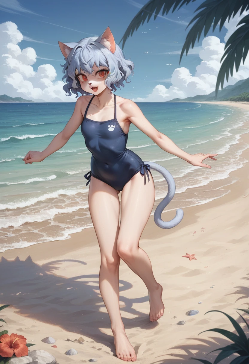 anime girl running on the beach with a cat tail, catgirl, anime catgirl, full body portrait of a short!, at the beach, on a sunny beach, neferpitou, in the beach, attractive cat girl, full body:: sunny weather::, at a beach, cat girl, cute anime catgirl, anthro cat, is wearing a swimsuit