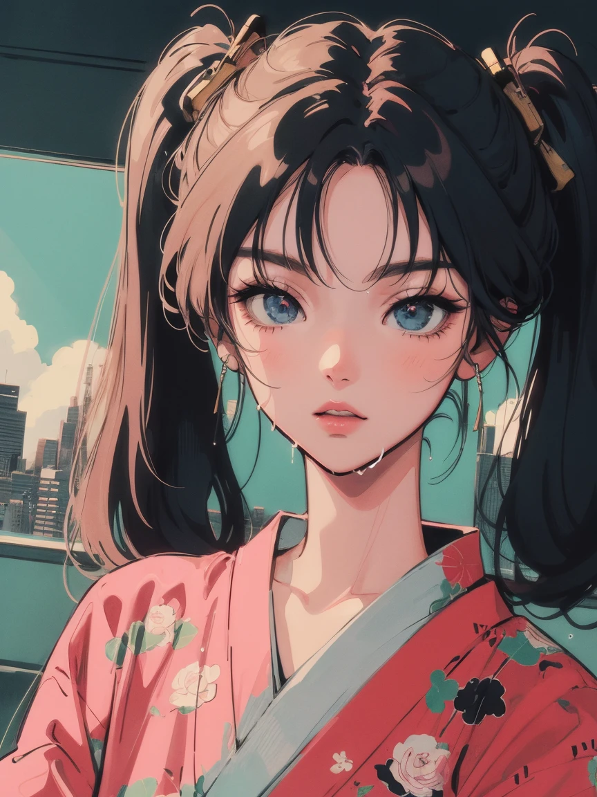 anime girl sitting on floor looking, anime aesthetic, anime vibes, Lofi Artstyle, Lo-fi portrait. anime, Lofty Girl, anime art wallpaper 4 k, anime art wallpaper 4k, anime art wallpaper 8 k, anime background art, Lofi Color, Lofi Art, anime asthetic, Twin tails, kimono, kimono, Tokyo scenery, In the city, Wet day, Outside, Cloudy, Future
