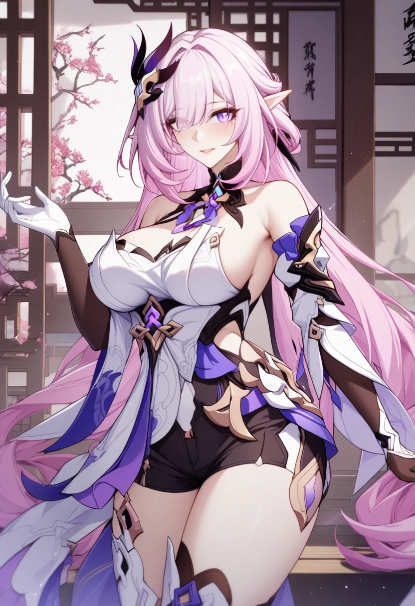 masterpiece, best quality, very aesthetic, absurdres, 1girl, mature_lady, ,,elysia_(honkai_impact), honkai_(series), honkai_impact_3rd, elysia_(herrscher_of_human:ego)_(honkai_impact), 1girl, elbow_gloves, elf, hair_between_eyes, hair_ornament, multicolored_hair, pink_hair, pink_pupils, pointy_ears, purple_eyes, two-tone_hair, bare_shoulders, black_shorts, boots, gloves, high_heel_boots, white_footwear, white_gloves, white_shirt,,in a traditional chinese room,floating_clothes,covered_breasts