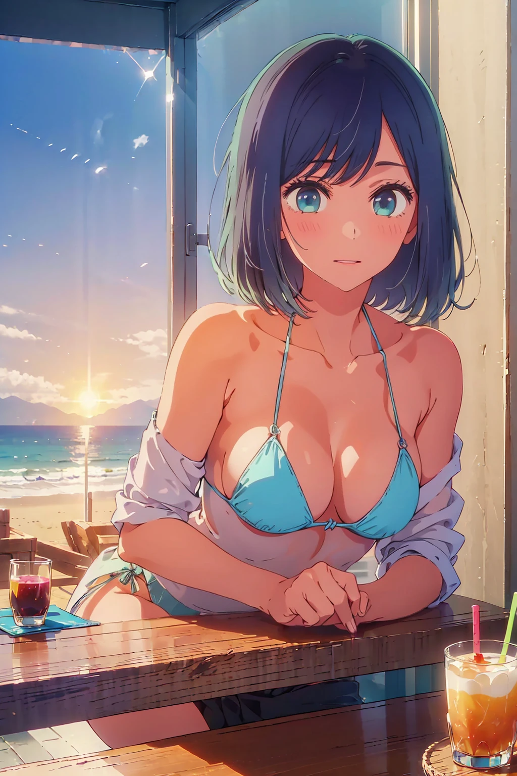 (Highest quality:1.4、masterpiece:1.4、Super detailed:1.4、8k:1.4)、((((1 person、Surprised expression、sit、Indoor cafe terrace、coastal、juice、table、Sandy Beach、juiceのグラスを持つ、Sunset lit beach、Warm rays of the sun、Micro Bikini、Very soft 、Big eyes、Very cute face))))、F cup bust、Medium breast、Underboob