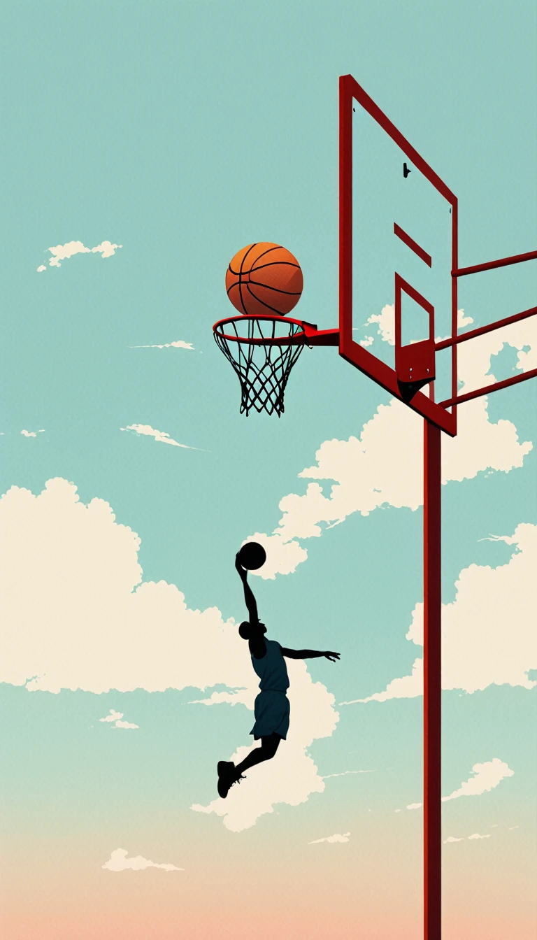 dunk, Surrealism,minimalist Journey,anatomical correct,Basketball hoop in the sky