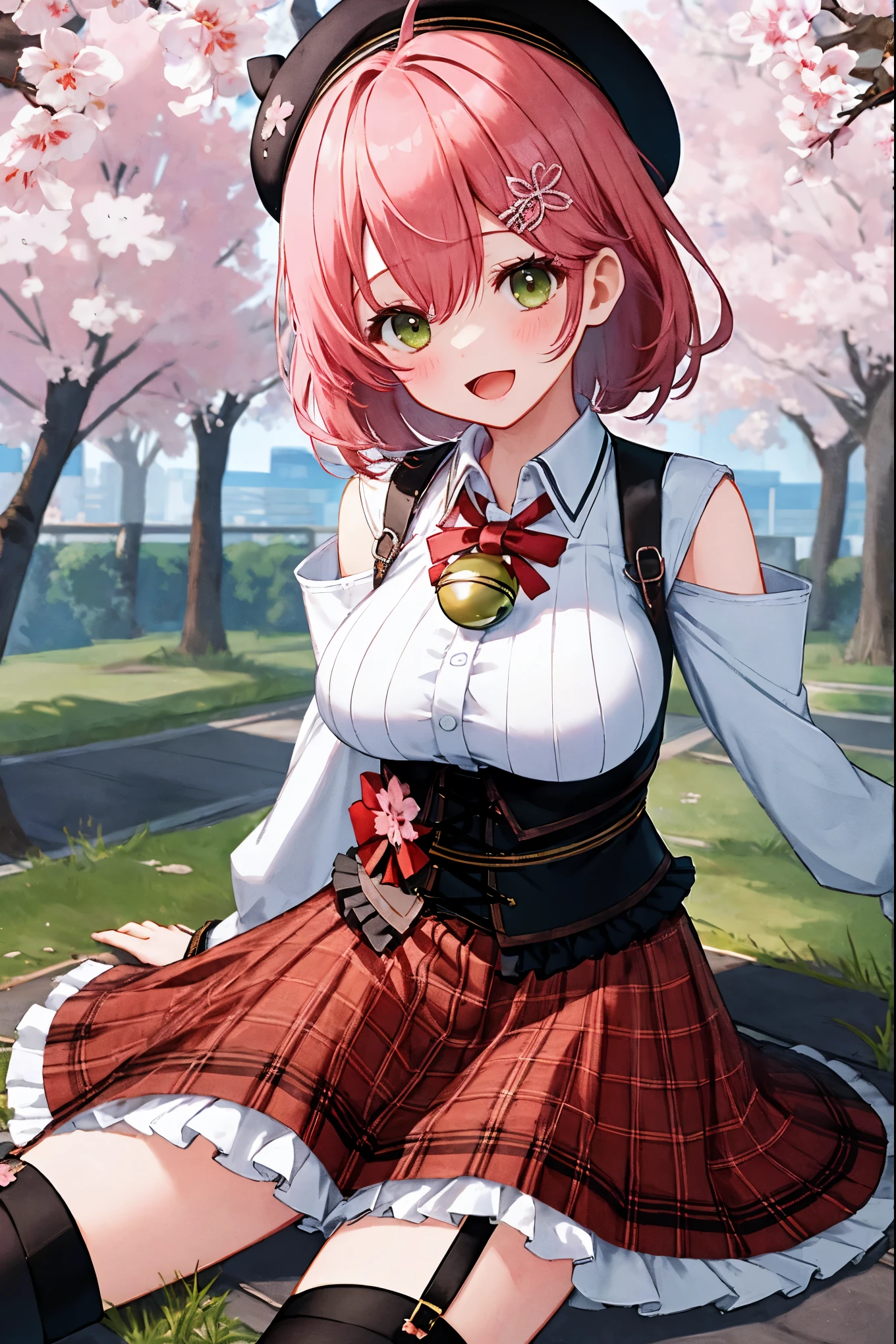 masutepiece, Best_Quality, hight_resolution, miko2,Ponytail, 1girl, Ahoge, black headwear, Hair Ornament, White shirt, black thighhighs, Pink hair, Red_skirt, very_short_skirt, plaid skirts, garter_strap, Collared shirt, hair clips, frilld, Bangs, hair between eye, frills skirt, beret, Pleated skirt, Hair Flower, Neck bell, , puffy long sleeves, Black bow, Underbust, Cowboy Shot,Smile, (large_breasts:1.3),covered_nipples, covered_pussy,green_eyes, happy, childlike_posing,spread_legs,(big_smile:1.2),plump,open_mouth,shout,half_eyes,cherryblossom_park_background,