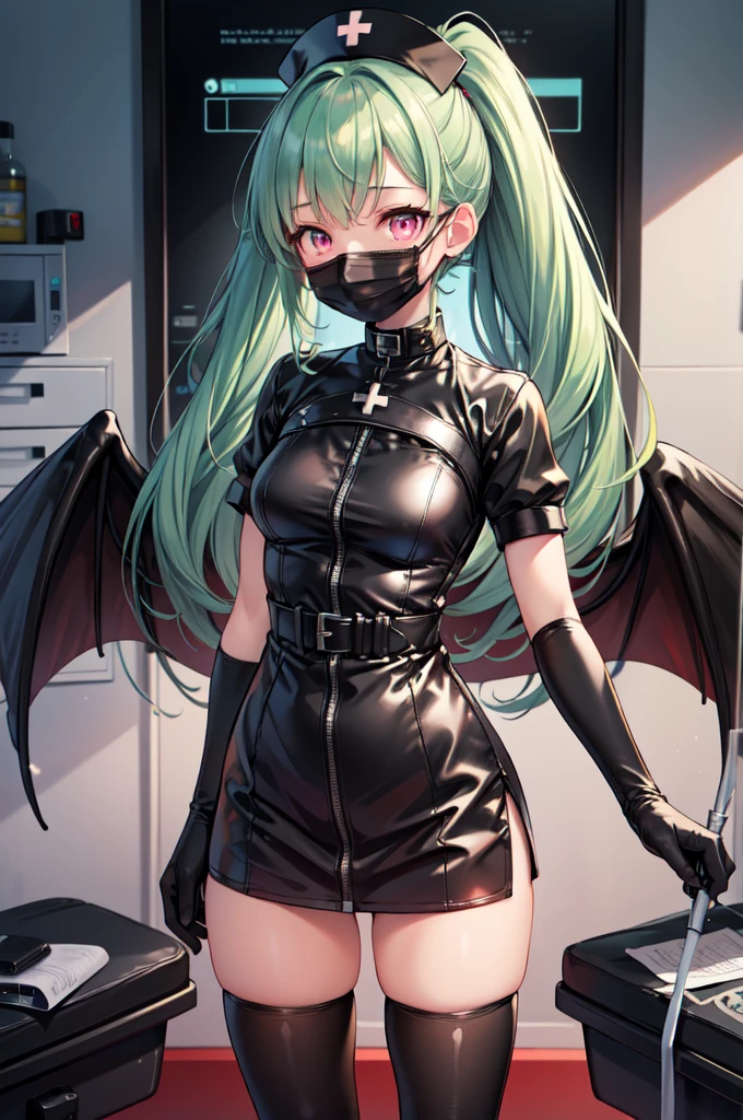 black nurse, 1girl, solo, black nurse cap, black nurse uniform, ((black legwear, zettai ryouiki)), black elbow gloves, ponytail, green hair, pink eyes, ((black surgical mask, covered nose)), standing, ((surgery room)), sharp outline, short sleeves, best quality, masterpiece