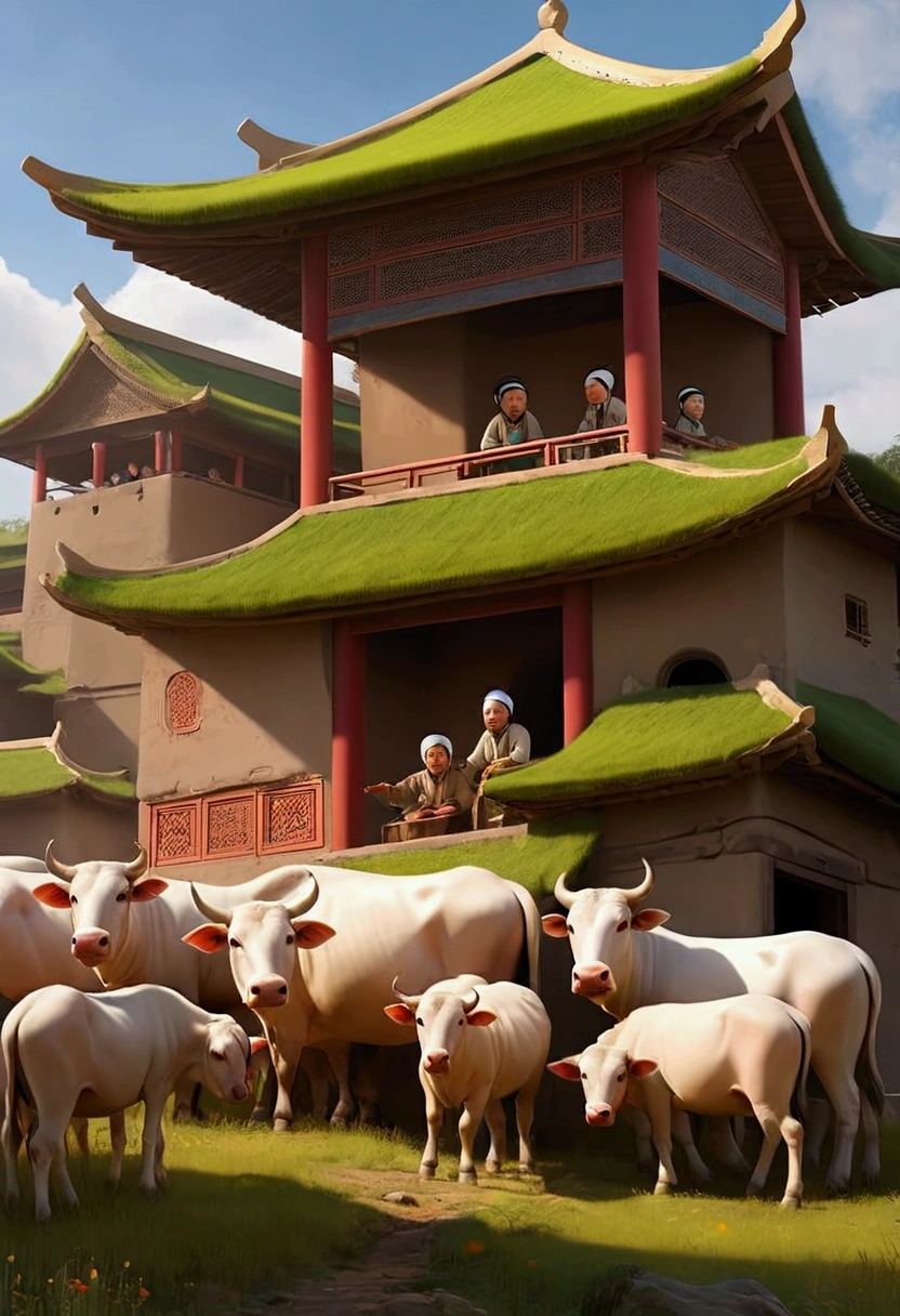 a bustling scene in the land of Uz where Job, a righteous and wealthy man, oversees his vast herds and his children playing joyfully. Describe the setting and the atmosphere surrounding Job's estate.