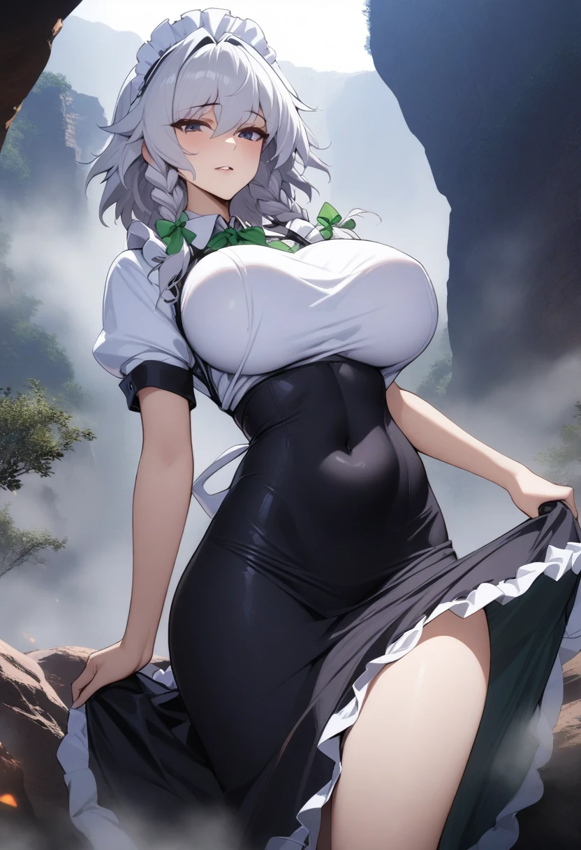 masterpiece, best quality, ultra high res, ultra-detailed, in front of a school, day, beautiful school complex landscape, nahida, silvwr hair, green eyes, ponytail hairstyle with hair ornament, solo (gigantic tits and giant cleavage: 1.4), hairy pubic hair, (school cardigan, pleated micro mini skirt, black tights, black high heels: 1.3), looking at the viewer with a seductive expression, pleasure face, erotic face, moaning, beautiful makeup with black eyeliner and red lipstick, shiny skin, (nahida is squatting with her legs spread wide and her hands behind her head outside in front of a school while squirting vaginal juice and erotically moaning with open mouth and tongue out from orgasm and horny erotic face: 1.6), (bottom close pussy photo: 1.5)