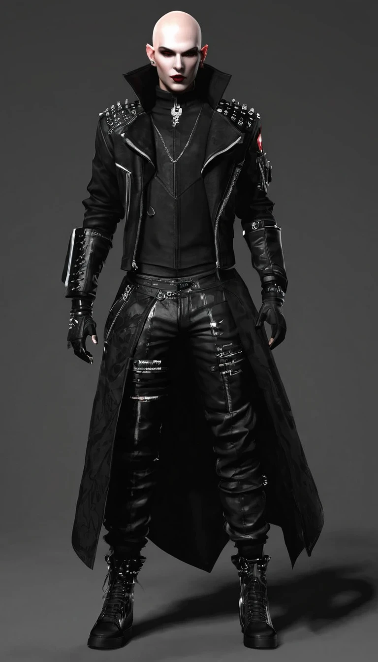 Create a full body fat bald punk male character and vampire clan clothing items in modern times and create modern cyberpunk fashion. Front, side and backCreate a full body female character and vampire clan clothing items in modern times and create modern cyberpunk fashion. Front, side and back