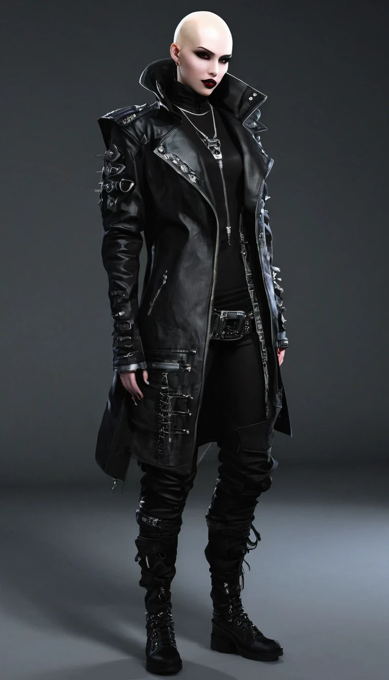 Create a full body fat bald punk male character and vampire clan clothing items in modern times and create modern cyberpunk fashion. Front, side and backCreate a full body female character and vampire clan clothing items in modern times and create modern cyberpunk fashion. Front, side and back