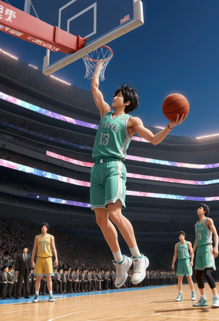 basketball Dunk, Game-Winning Dunk, by Makoto Shinkai and Makoto Niitsu style, full body, cinematic still, (best quality, masterpiece), very aesthetic, perfect composition, intricate details, ultra-detailed, vivid colors