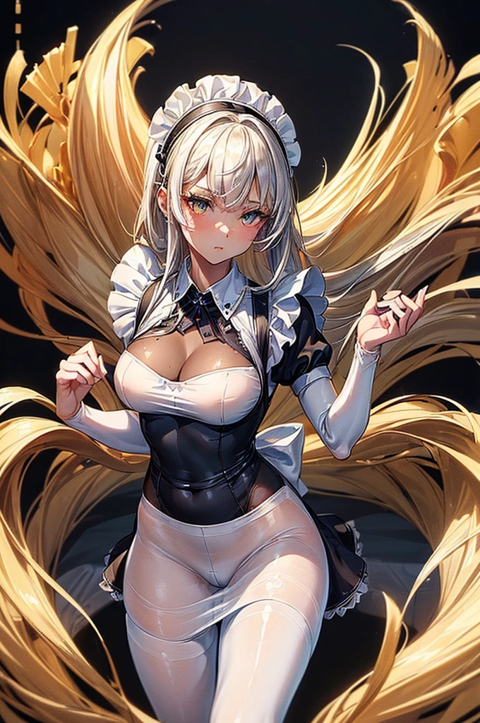 masterpiece, highly detailed, highest quality, high resolution, super precise, (1 girl), simple black French maid dress, white apron, semi-opaque stockings, flawless skin, silky golden blonde hair tied up into a messy bun, soft and cute facial features, plump pink lips, 18 year old ager, tall height(190cm), long slender legs and curvy hips that flare out enticingly on a pear shaped body, cowboy shot, olive-brown eyes, cat ears and tail, very small A cup breasts