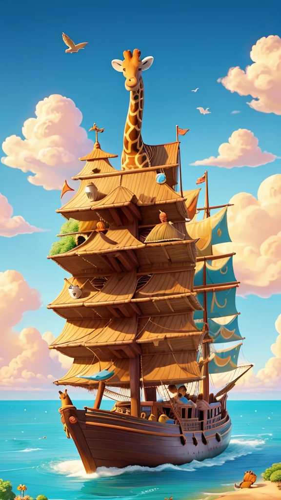Draw a charming and colorful scene of Noah's Ark in the illustration style reminiscent of classic Disney movies. In the image, show the large wooden ark floating gently on the waters, surrounded by a clear blue sky with fluffy clouds. On the deck of the ark, Noah and his family are smiling and waving, while a variety of animals are around them. Include animals such as elephants, giraffes, lions, zebras, and birds, all with friendly expressions and delightful characteristics typical of the Disney style. Bring the scene to life with vibrant details and a touch of magic, creating a warm and joyful atmosphere for children