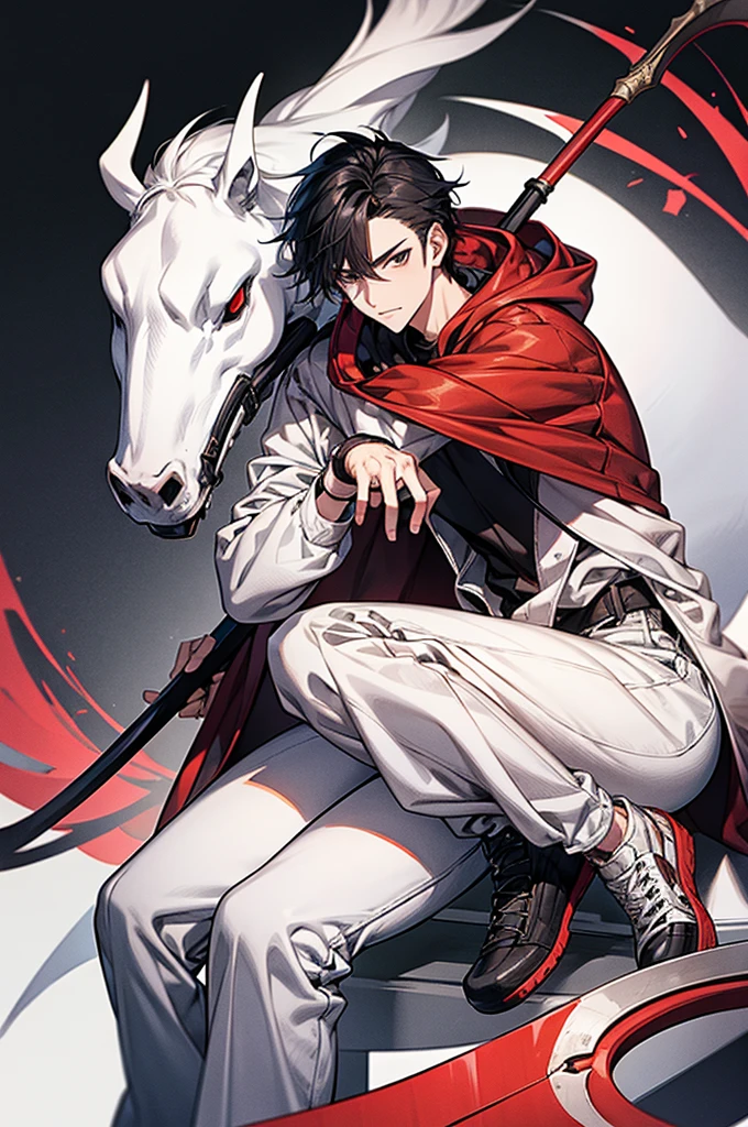 1male, White mask covering entire face, Red hoodie, White lab coat, Slightly baggy blue jeans, Black gloves, Red, white sneakers, Some black hair poking out from the top of the mask, Has a scythe, baggy jeans, For my avatar's pose, I want them to be sitting on a long chair, hunched forward, leaning on a scythe, chin on hand and staring straight