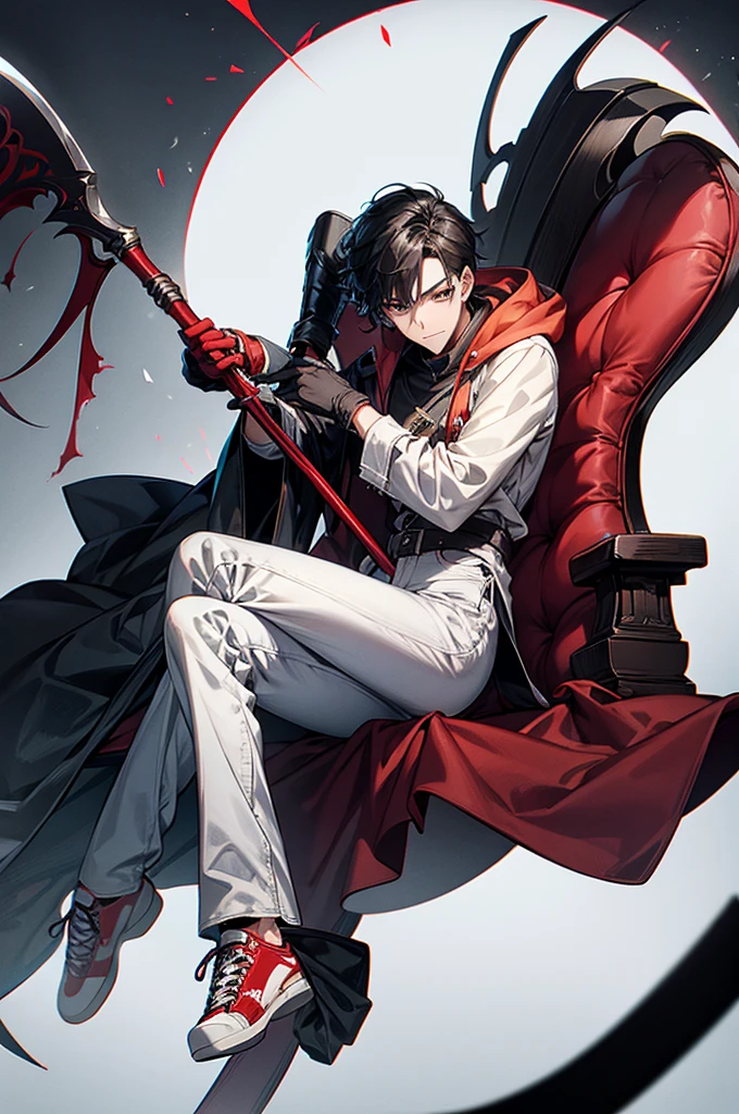 1male, White mask covering entire face, Red hoodie, White lab coat, Slightly baggy blue jeans, Black gloves, Red, white sneakers, Some black hair poking out from the top of the mask, Has a scythe, baggy jeans, For my avatar's pose, I want them to be sitting on a long chair, hunched forward, leaning on a scythe, chin on hand and staring straight