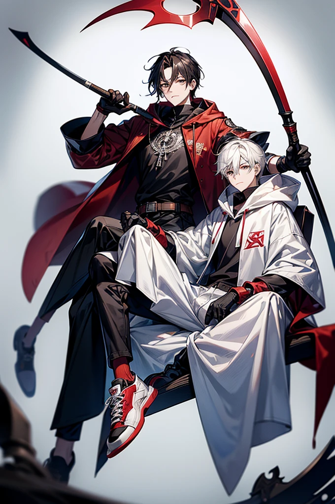 1male, White mask covering entire face, Red hoodie, White lab coat, Slightly baggy blue jeans, Black gloves, Red, white sneakers, Some black hair poking out from the top of the mask, Has a scythe, baggy jeans, For my avatar's pose, I want them to be sitting on a long chair, hunched forward, leaning on a scythe, chin on hand and staring straight