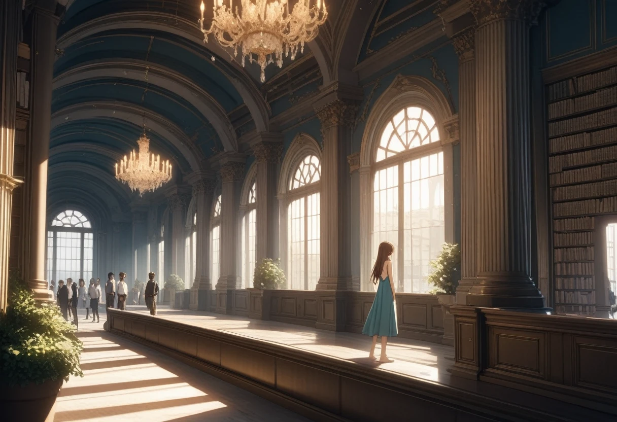 ((Masterpiece)), ((best quality)), (Anime:1.3), (super detail:1.2), (High Definition:1.3), (Professional Photography:1.3), (wide shot), (very aesthetic:1.2), (absurdres:1.2), (sharp focus), (perfect light), 8K, ((very long brown hair)), Glossy skin, cinematic lighting, 1 young woman, (backless teal sundress, brown belt, thin straps), ((toned arms, holding book)), small breasts, very long brown hair, (brown eyes, swept bangs), stoic, open mouth, collarbones, BREAK, ((best quality)), (very aesthetic:1.2), (absurdres:1.2), (Leaning against ornate balustrade, chandeliers, potted plants, orange sunlight filtering through windows), (crowded library),