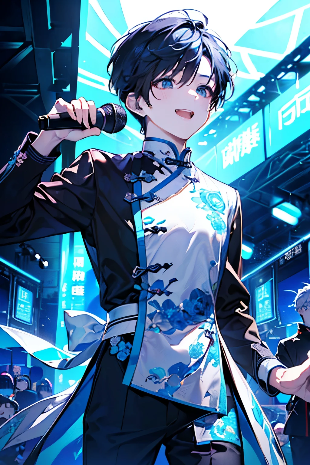 ((cute,kawaii,wonderland)),(Shy laugh、🥺),(Microphone Performance、Fansa:1.25),((boy,Men's,male:1.2)),((Live Stage:1.25)),((Futuristic clothing:1.25)),((male性アイドル、unit、combination:1.15)),Angle from below,Angle of incitement,((Live Stage:1.25)),(Short Hair:1.3),((blue、White、Light、black:1.1)).