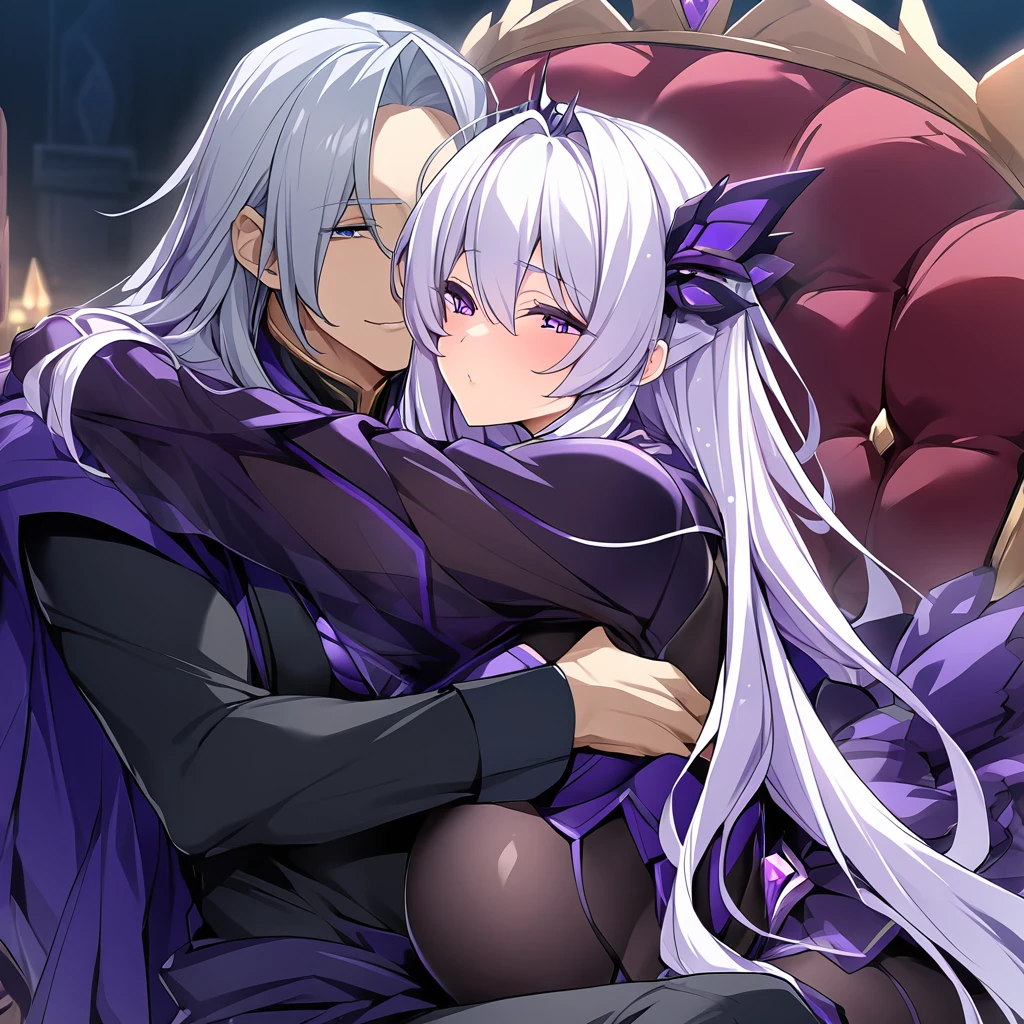 ((Highest quality)), ((masterpiece)), (detailed), （Perfect Face）、The woman is the evil queen Dark Extia, an evil transforming heroine with medium-long silver hair, an engagement ring, and a happy look on her face as she hugs the man.、The man is the evil king, Naioro, a handsome man with medium-long silver hair, wearing a black bodysuit and embracing a woman.、A man and a woman are sitting close together, embracing and kissing on a luxurious throne、A man and a woman are a deeply loving couple、the woman is pregnant