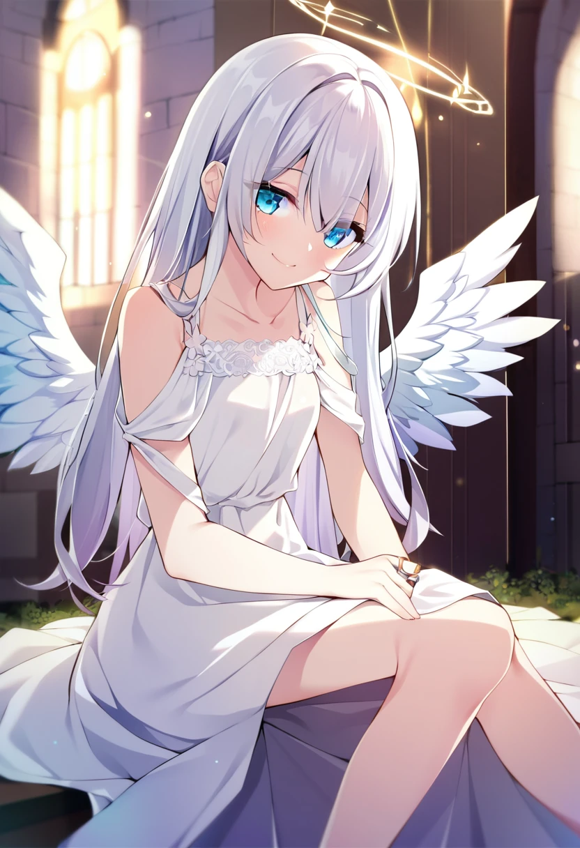 one girl, fallen angel, angel wing, angel ring, sacred, cute, naive, sitting, , beautiful, light blue eyes, white dress, white hair, smile gently at me, girl focus