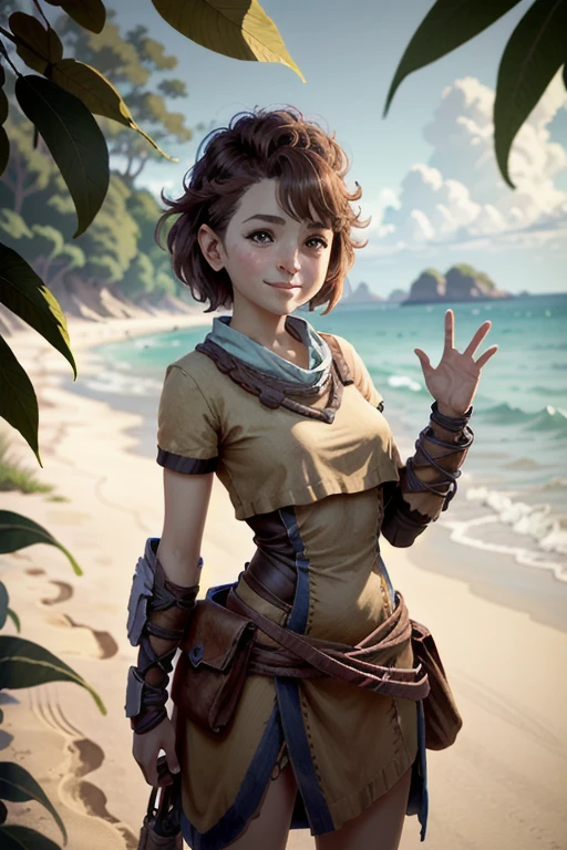 A cute young girl with short brown hair and brown eyes, smiling happily, standing on the beach, a HFW alloy in her hand, in a chibi/deformed style, highly detailed, 4K, photorealistic, masterpiece, vibrant colors, natural lighting, cinematic composition