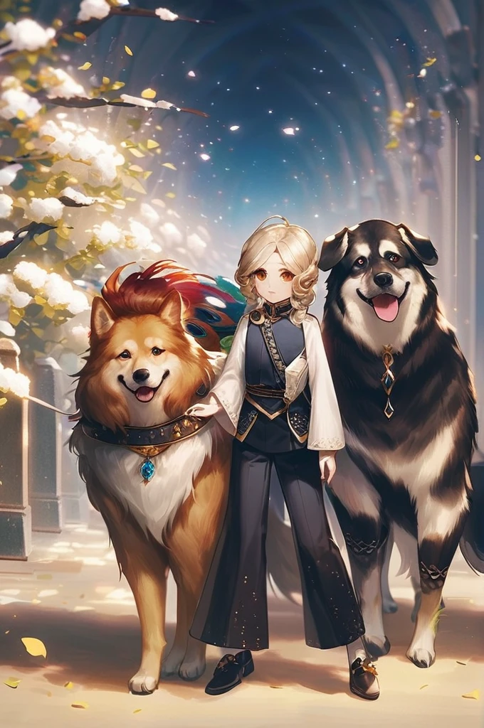 ((Лучшее качество)), ((шедевр)), (подробный), dog, peacock and rooster walk together