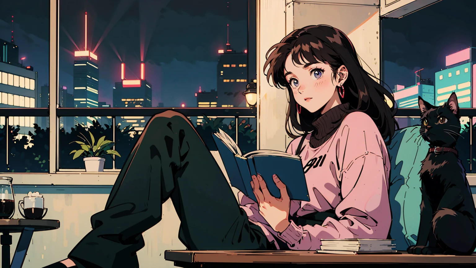 best quality, 8k, 1990s style,2010s hairstyles, 21 year old girl, black hair, long hair, light brown eyes, city pop, pants ,night view, wearing headphones,reading a book, whole body,  relax coffee,table,confection,Looking at me, Black cat
