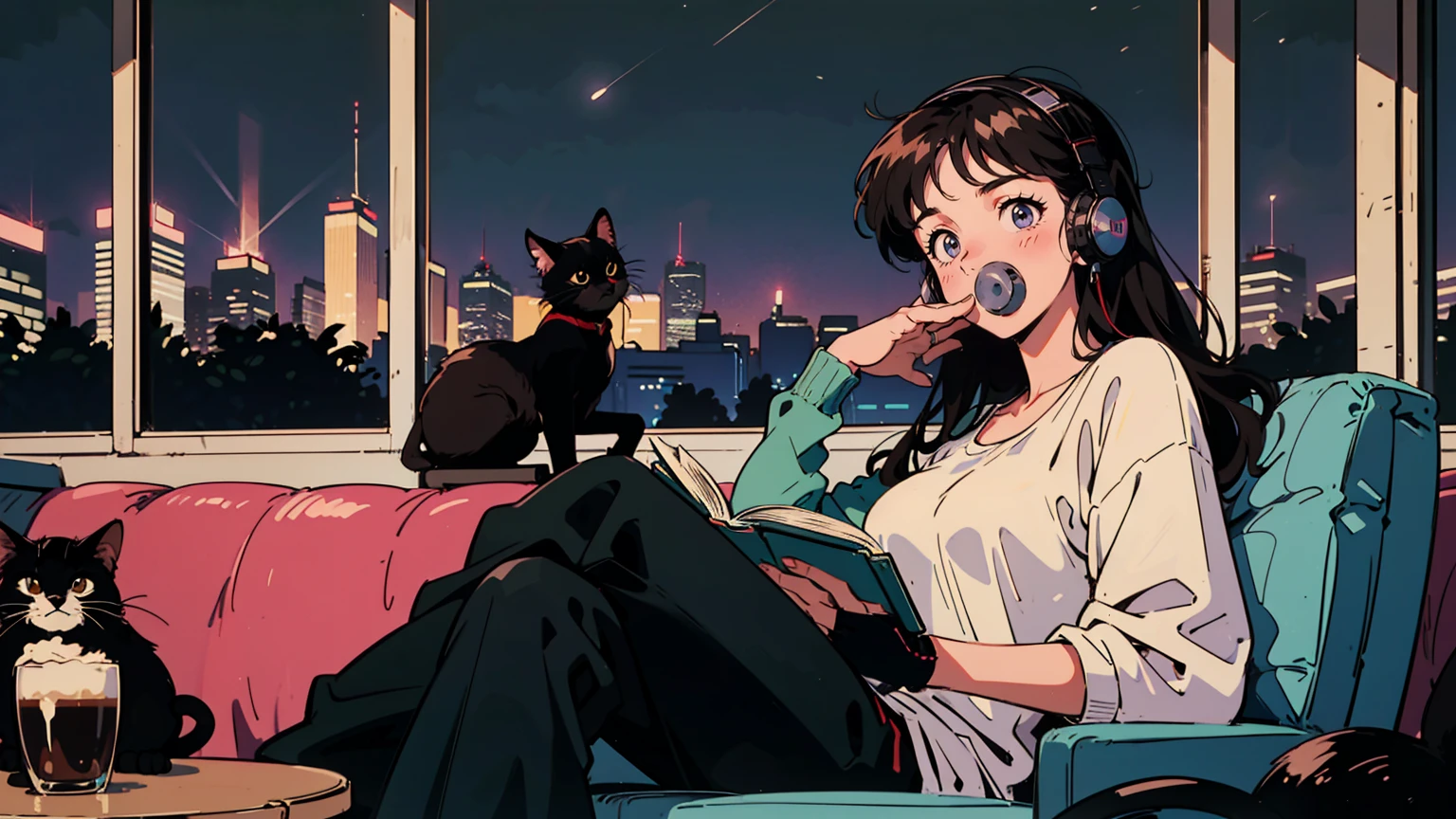 best quality, 8k, 1990s style,2010s hairstyles, 21 year old girl, black hair, long hair, light brown eyes, city pop, pants ,night view, wearing headphones,reading a book, whole body, relax coffee,table,confection,Looking at me, Black cat